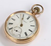 14 carat gold filled open face pocket watch, the white dial with Roman numerals, subsidiary