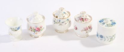 Three Royal Albert preserve pots and covers, in the moss rose, lavender rose and Brigadoon patterns,