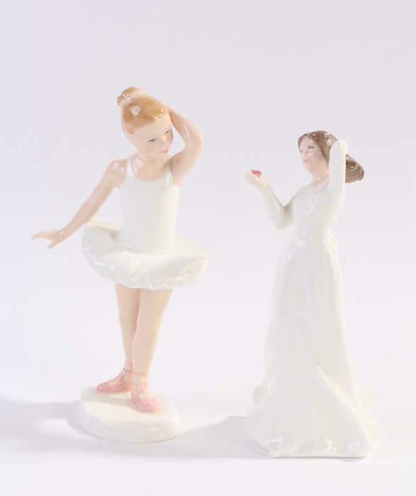Two Royal Doulton figures, "little ballerina", HN3395, 16cm high, "with love", HN3393, 15cm high (
