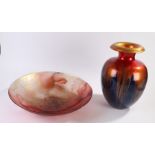 Art glass charger, with mottled red and gold decoration, 50.5cm diameter, art glass vase with