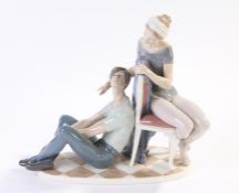 Lladro porcelain figure, female dancer seated on a chair in conversation with a gentleman seated