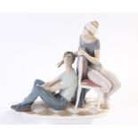 Lladro porcelain figure, female dancer seated on a chair in conversation with a gentleman seated