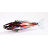 Murano glass fish, with mottled red and blue decoration, 45cm longFish with remains of labels to the