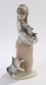 Lladro figure, young girl with a cat and three kittens, 24cm high