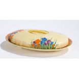Clarice Cliff Bizarre Crocus pattern bacon dish and cover, the oval dish and cover with bright