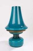 Swedish art glass lamp, Hans Agne Jakobsson label, in blue glass shade and base with gilt metal