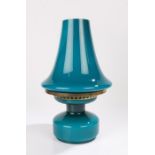 Swedish art glass lamp, Hans Agne Jakobsson label, in blue glass shade and base with gilt metal