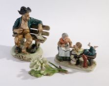 Capodimonte porcelain floral study, two Capodimonte style figures depicting a tramp on a bench and