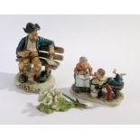 Capodimonte porcelain floral study, two Capodimonte style figures depicting a tramp on a bench and