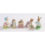 Two Beswick Beatrix Potter figures, Miss Moppet, Tom Thumb, three Royal Doulton figures, Jemima