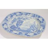 19th Century Etruscan and Greek vase patterned blue and white meat dish, with floral borders and