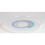 Hadeland glass dish, the opalescent ground with swirled puce blue and green decoration, signed to