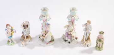 Pair of Dresden porcelain candlesticks, pair of Dresden figures, Capodimonte figure depicting a