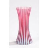 Studio glass vase, of waisted form, with puce and white striped vertical decoration, 25cm