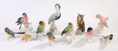 Eleven ENS East German porcelain bird figures, to include heron, kingfisher, owl etc. AF (11)