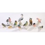 Eleven ENS East German porcelain bird figures, to include heron, kingfisher, owl etc. AF (11)