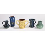 Collection of Torquay ware, to include an owl jug, an Upchurch vase, a twin handled cup, jug and a