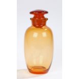 20th Century amber glass decanter, the stopper above the dual lip rim and bulbous body, 21cm
