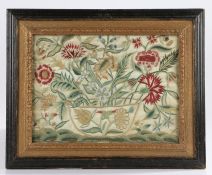 Early 18th Century embroidery and stump work panel, circa 1700, the centre with a basket of