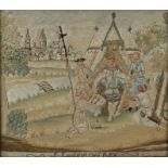 17th Century silk work embroidery, with four figures surrounding the King outside tents and a city