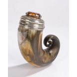 A large 19th Century Scottish rams horn snuff mull, the hinged lid with a central orange stone and