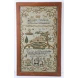 19th Century sampler, the rose edge with a central house raised on a hill filled with swans, a cat