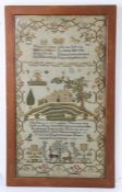 19th Century sampler, the rose edge with a central house raised on a hill filled with swans, a cat