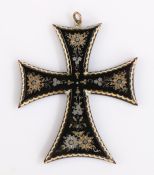 19th Century tortoiseshell and pique cross pendant, with gold and silver foliate inlay to the cross,