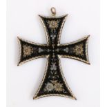 19th Century tortoiseshell and pique cross pendant, with gold and silver foliate inlay to the cross,