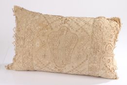 Rare early 18th Century whitework pillow covering, the central section with a standing figure draped