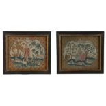 Pair of mid 17th Century needlework's, of a lady in a landscape with sheep, squirrel and a dog,