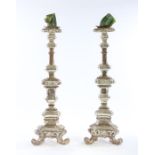 Pair of tall Italian Baroque silver painted pricket Candlesticks, circa 1660 – 1680. the