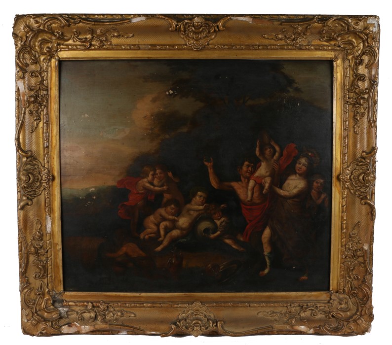 18th Century Italian school, Bacchanalian feast, with figures drinking and dancing, a fallen urn and