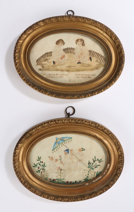 Two George III oval pin prick pictures, late18th Century, the first with three Oriental figures