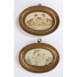 Two George III oval pin prick pictures, late18th Century, the first with three Oriental figures