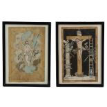 Rare pair of late 18th Century silkwork and watercolour pictures, showing the Crucifixion of