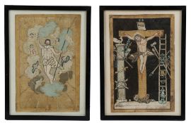 Rare pair of late 18th Century silkwork and watercolour pictures, showing the Crucifixion of