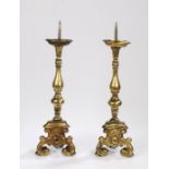 Pair 18th Century gilt bronze pricket altar sticks, with knobbed stems and trefoil scroll legs, 60cm