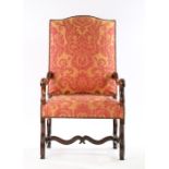 17th Century French walnut upholstered armchair, circa 1690, upholstered in Zoffany Broccatello, the