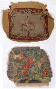 18th Century embroidery seat cover, with a bird among flowers, 60cm diameter, together with