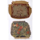 18th Century embroidery seat cover, with a bird among flowers, 60cm diameter, together with