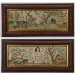 Pair of 17th Century silk embroideries, with a shepherd playing a musical instrument with sheep