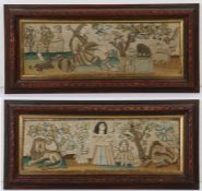 Pair of 17th Century silk embroideries, with a shepherd playing a musical instrument with sheep