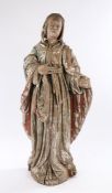 17th Century carved figure of a saint, standing with flowing robes with traces of the original