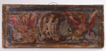 17th Century oak and polychrome painted ceiling tile, the rectangular panel with two winged putti