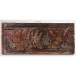 17th Century oak and polychrome painted ceiling tile, the rectangular panel with two winged putti