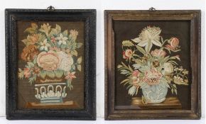 Two early 18th Century silk embroideries, circa 1715, both with a jardinière rested on a table top