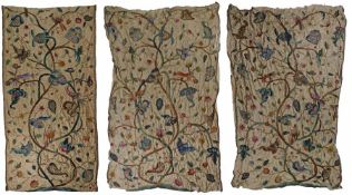 Set Three Late 19th / early 20th Century Crewelwork Curtains, the raised crewelwork with bold floral