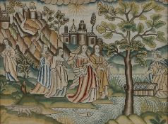 Fine mid 17th Century needlework with the discovery of Moses in the bulrushes, with figures