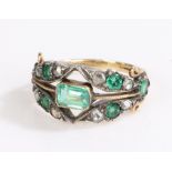 George III diamond, with emeralds and rose cut diamonds set to the fret head, ring size M